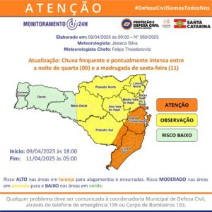 Defesa Civil alerta para risco de chuva intensa
