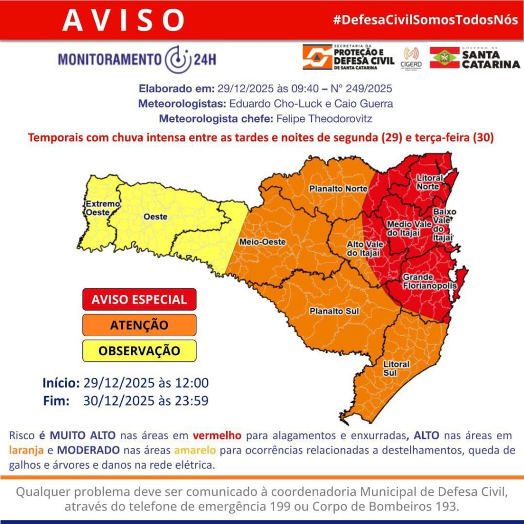 Balneário Camboriú entra em alerta para temporais com chuva intensa