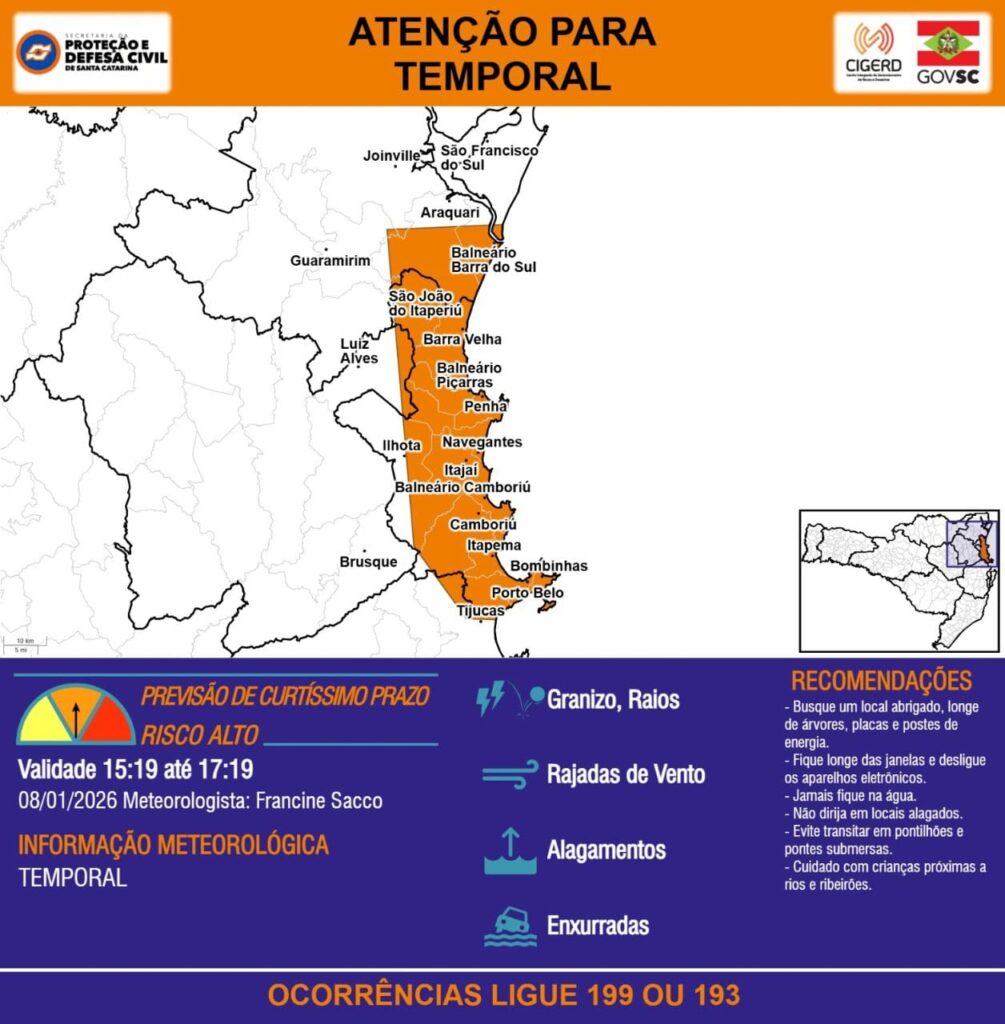 Defesa Civil alerta para risco de temporal nesta quinta-feira